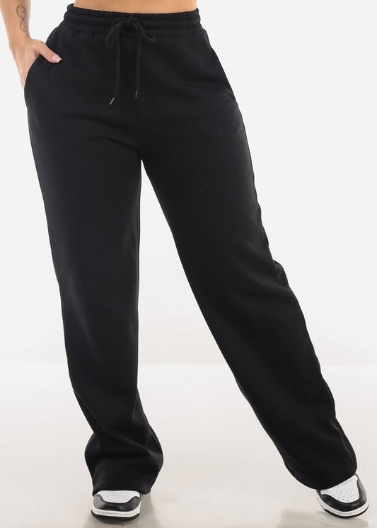 Drawstring Waist Black Straight Wide Leg Fleece Pants