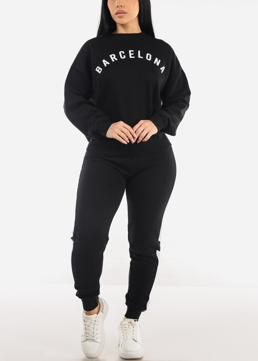 Relaxed Fit Black Crewneck Fleece Sweatshirt "Barcelona"