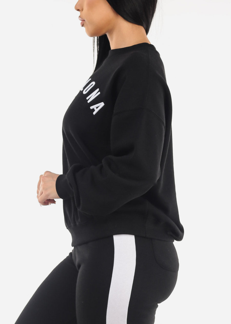 Relaxed Fit Black Crewneck Fleece Sweatshirt "Barcelona"