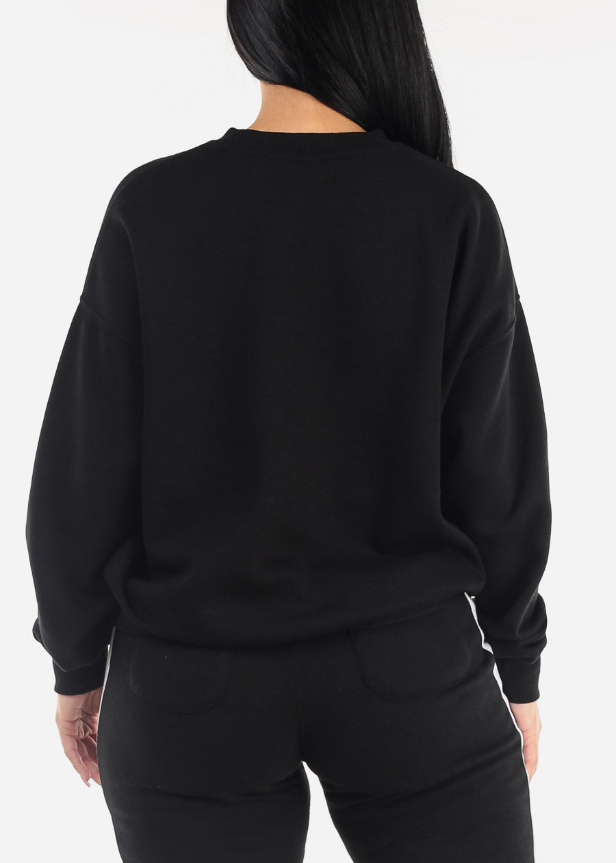 Relaxed Fit Black Crewneck Fleece Sweatshirt "Barcelona"