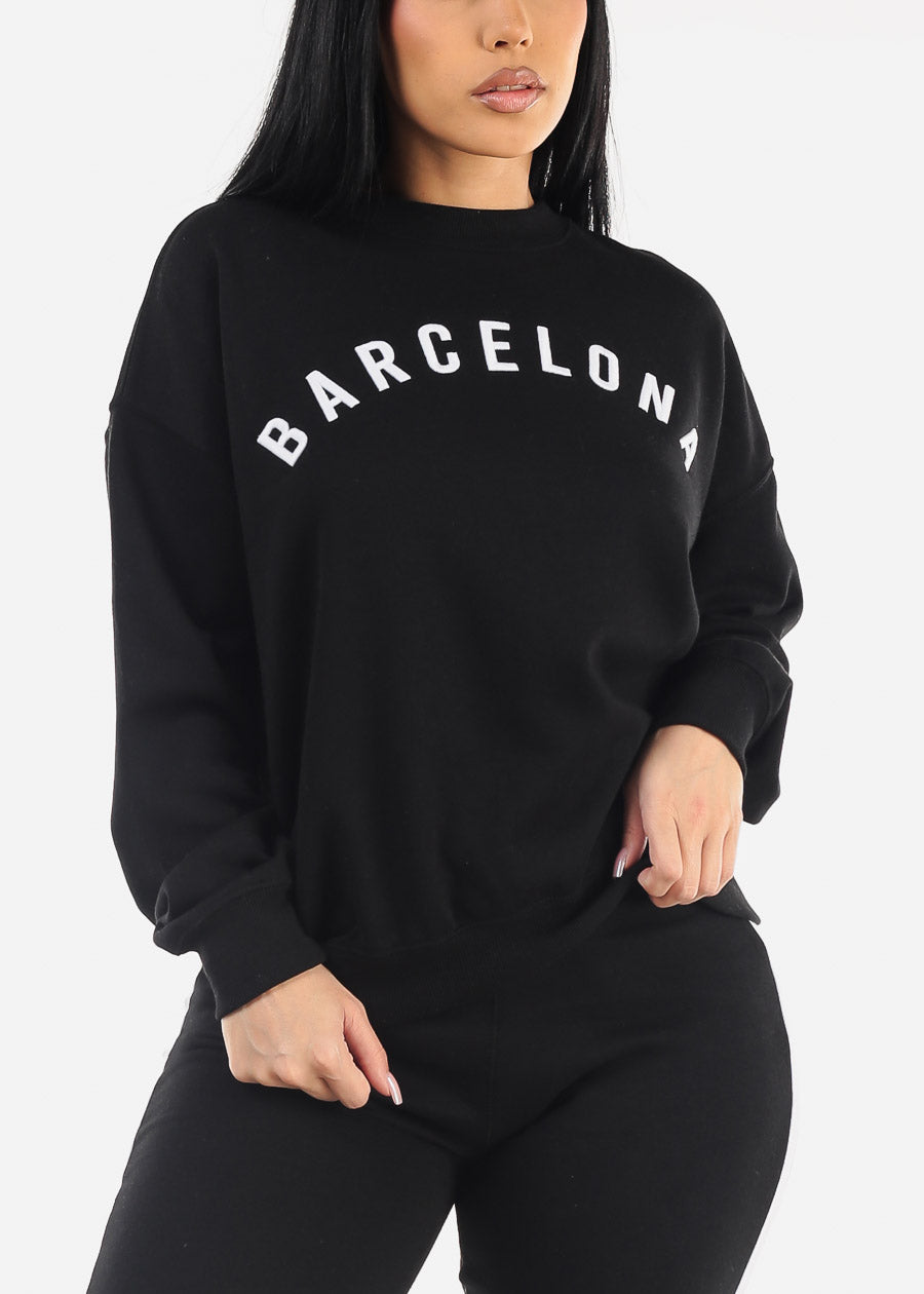 Relaxed Fit Black Crewneck Fleece Sweatshirt 