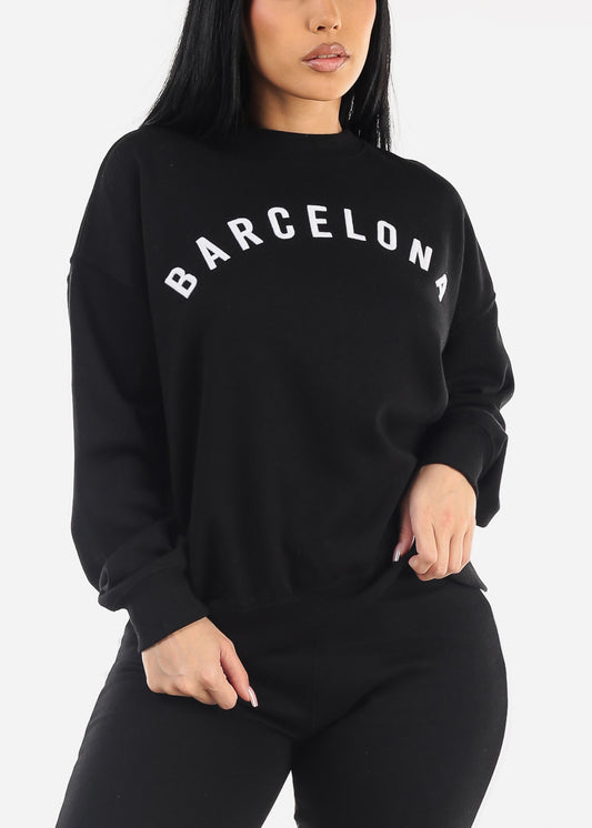 Relaxed Fit Black Crewneck Fleece Sweatshirt "Barcelona"