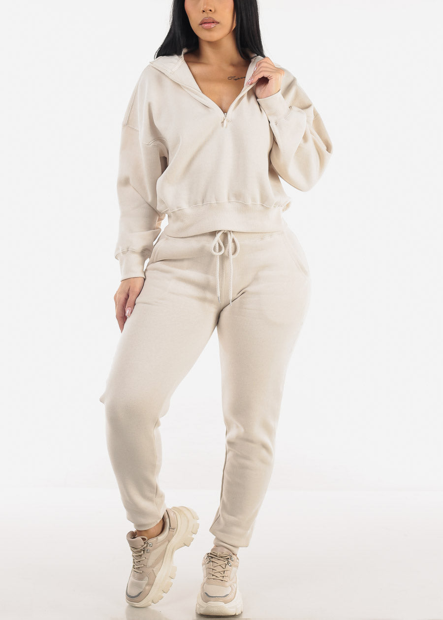 Half Zip Up Mock Neck Fleece Sweatshirt Cream