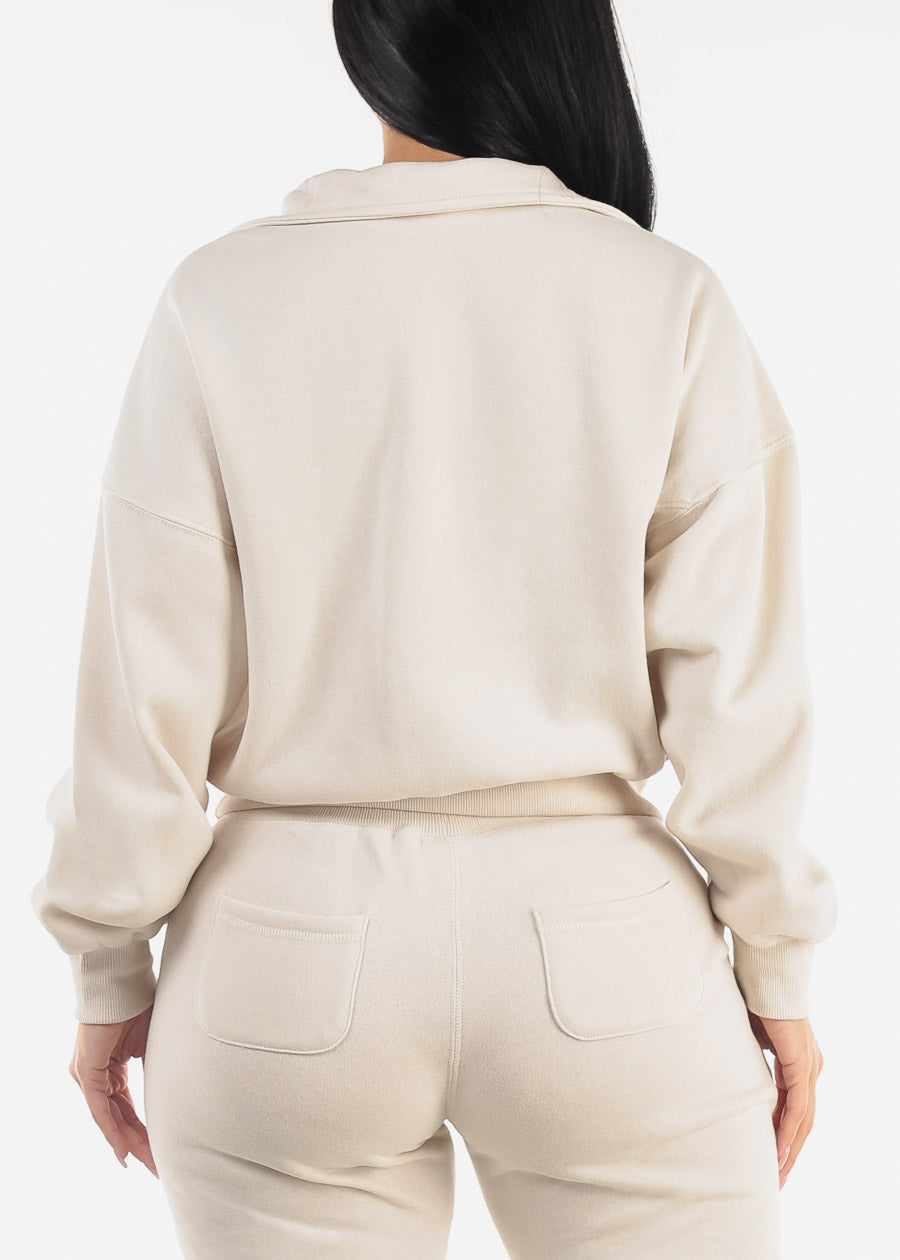 Half Zip Up Mock Neck Fleece Sweatshirt Cream