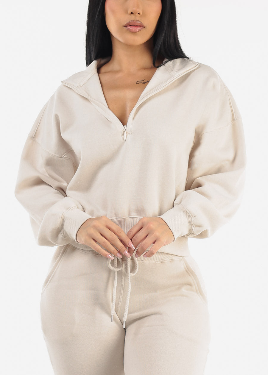 Half Zip Up Mock Neck Fleece Sweatshirt Cream