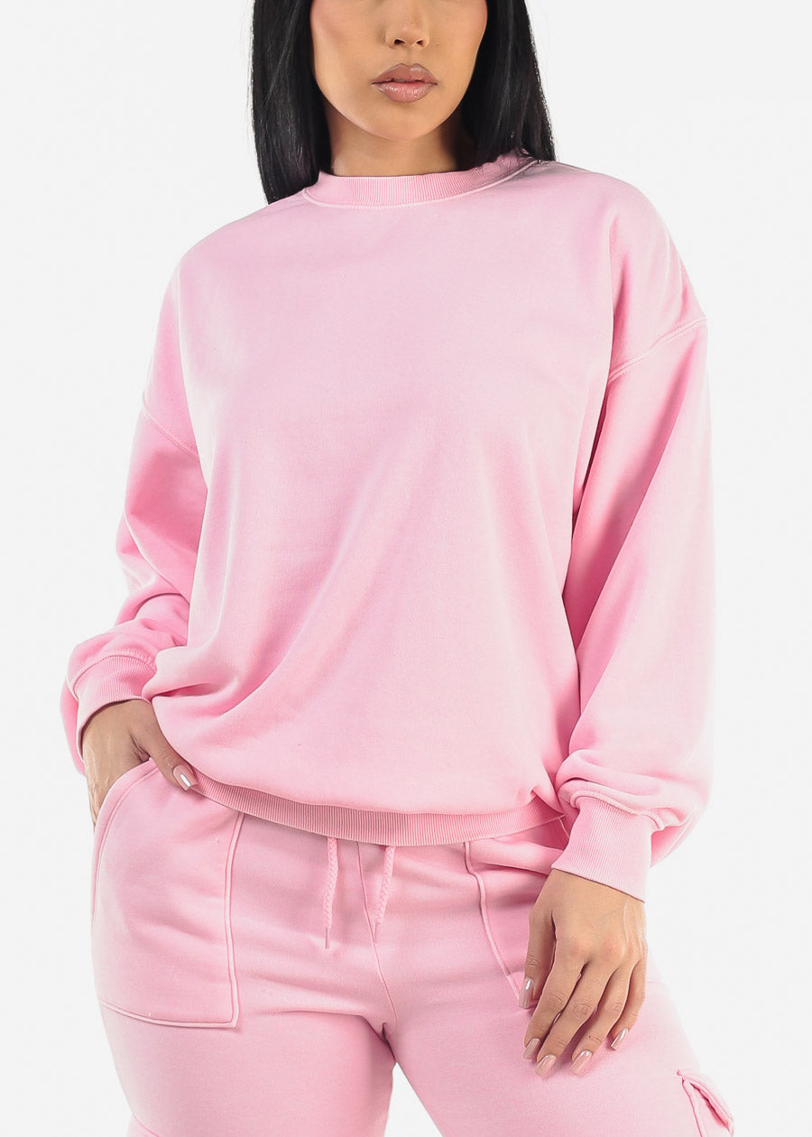 Relax Fit Fleece Oversized Burnout Sweatshirt Pink