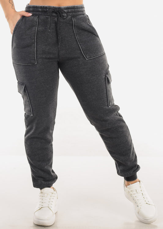 High Drawstring Waist Fleece Cargo Jogger Pants Charcoal