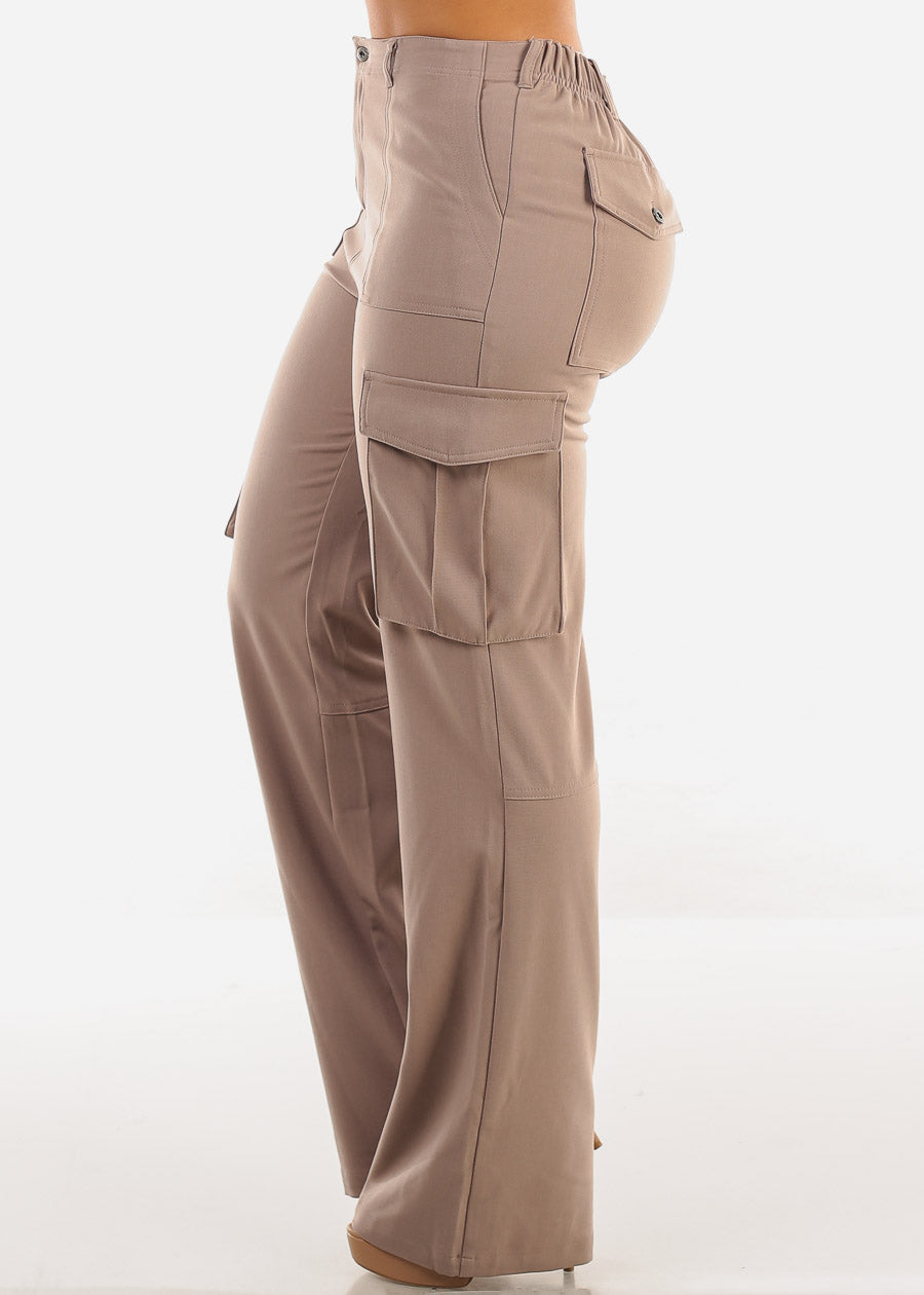 Super High Waist Straight Wide Leg Cargo Pants Taupe