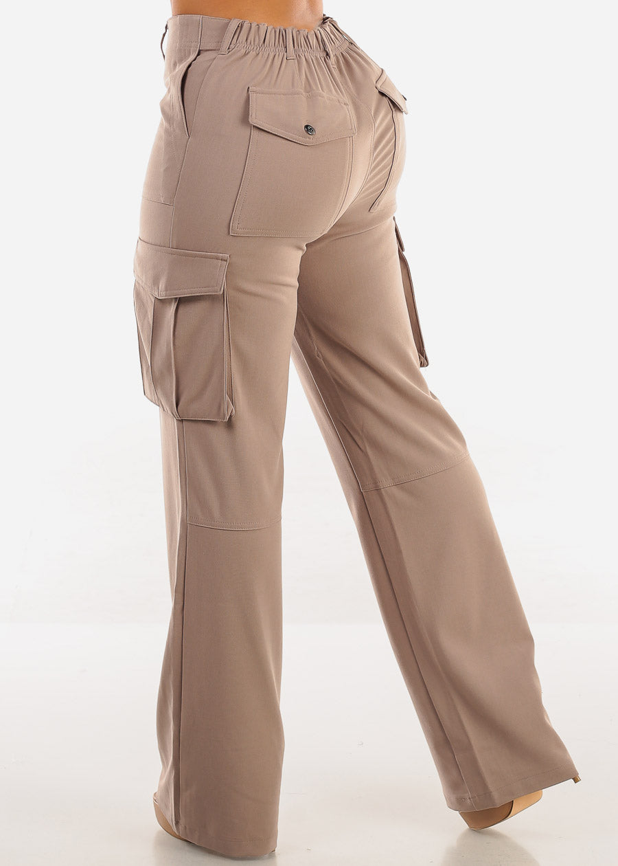 Super High Waist Straight Wide Leg Cargo Pants Taupe