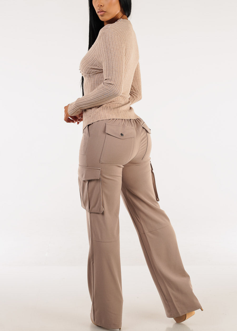 Super High Waist Straight Wide Leg Cargo Pants Taupe