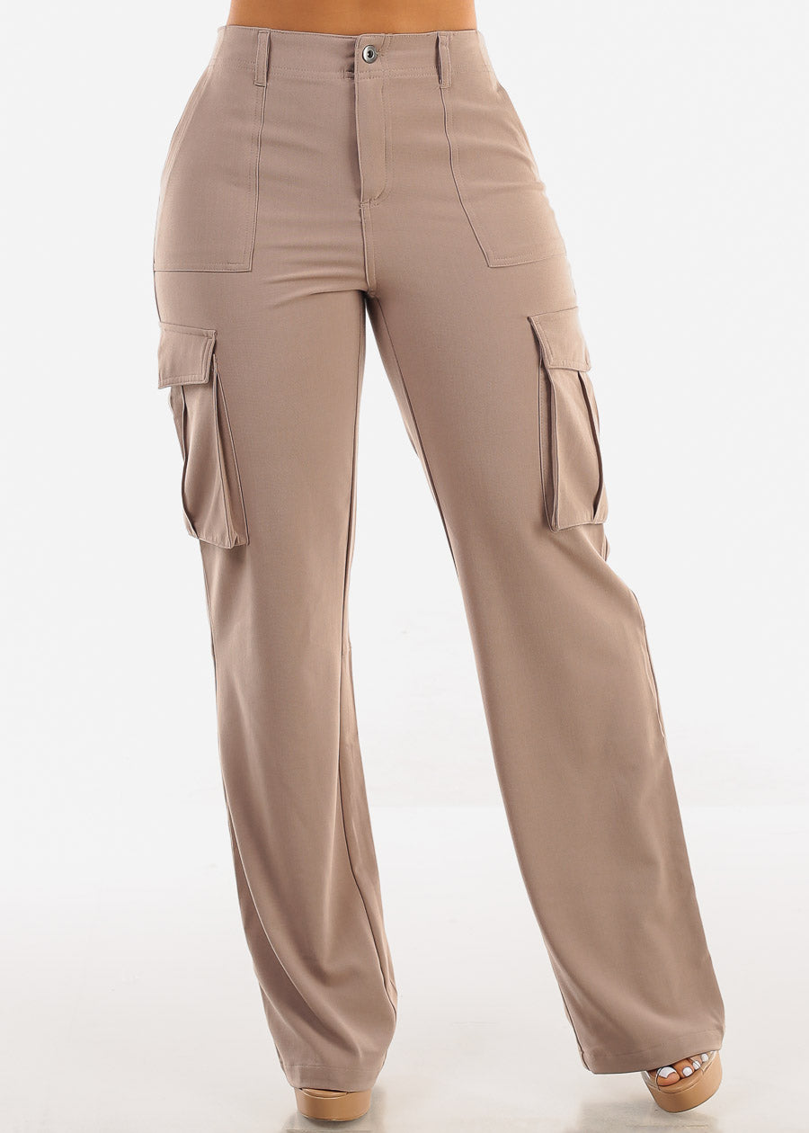 Super High Waist Straight Wide Leg Cargo Pants Taupe