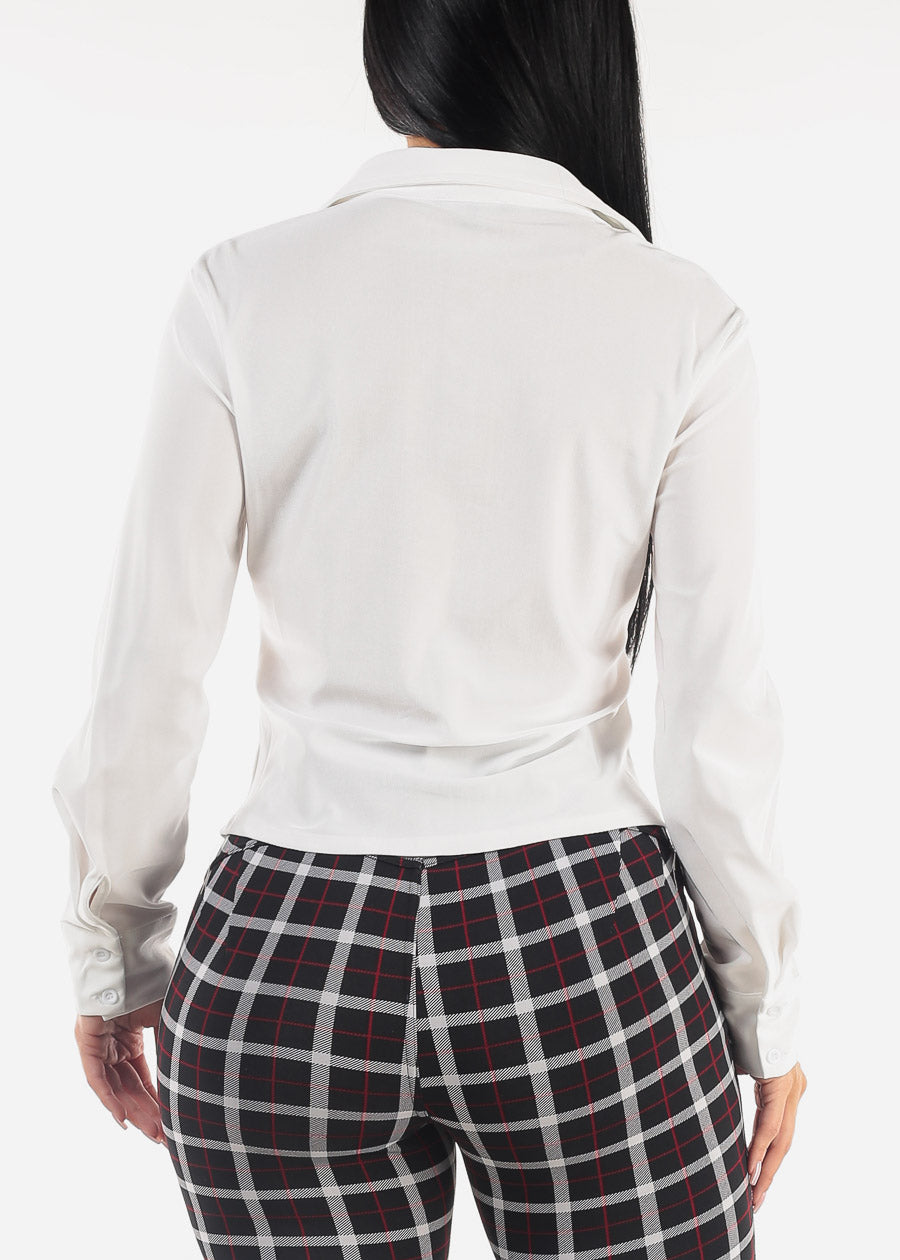 Long Sleeve Stretch Ruched Button Up Blouse White