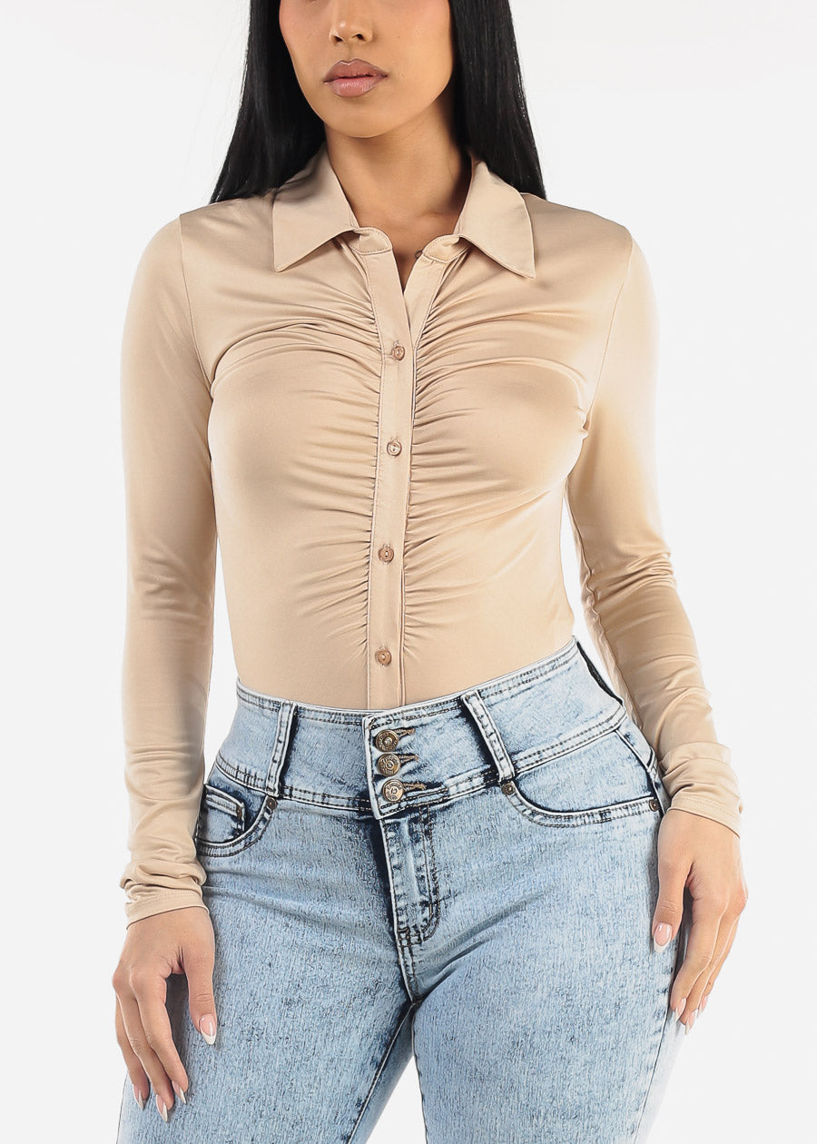 Long Sleeve Ruched Button Up Bodysuit Beige