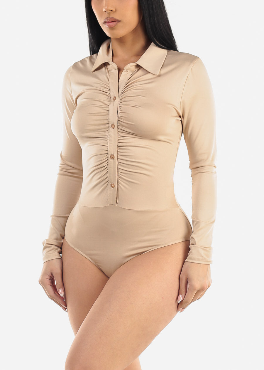 Long Sleeve Ruched Button Up Bodysuit Beige