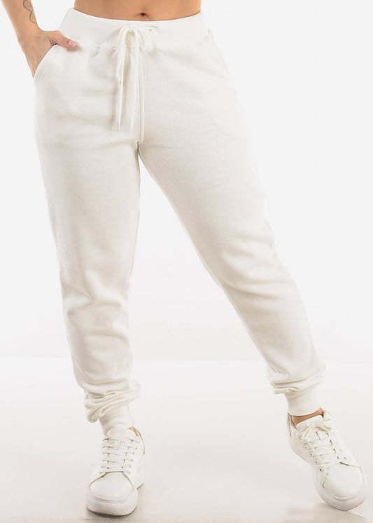 High Drawstring Waist Fleece Jogger Pants Ivory