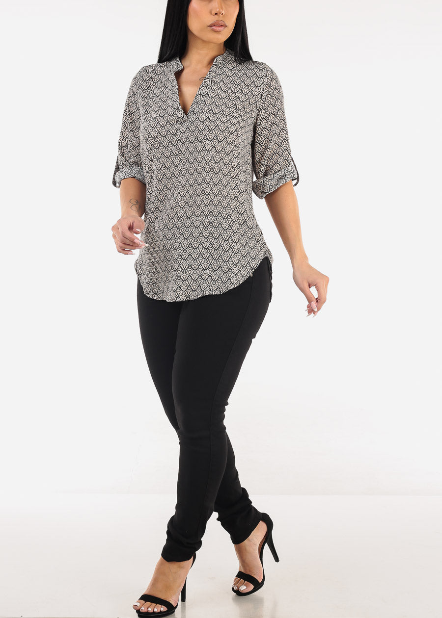 Quarter Sleeve V-Neck Printed Blouse Black