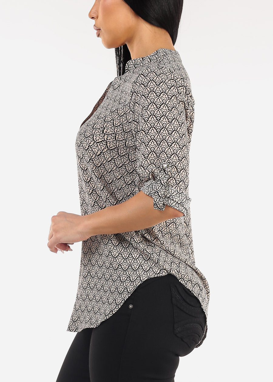 Quarter Sleeve V-Neck Printed Blouse Black