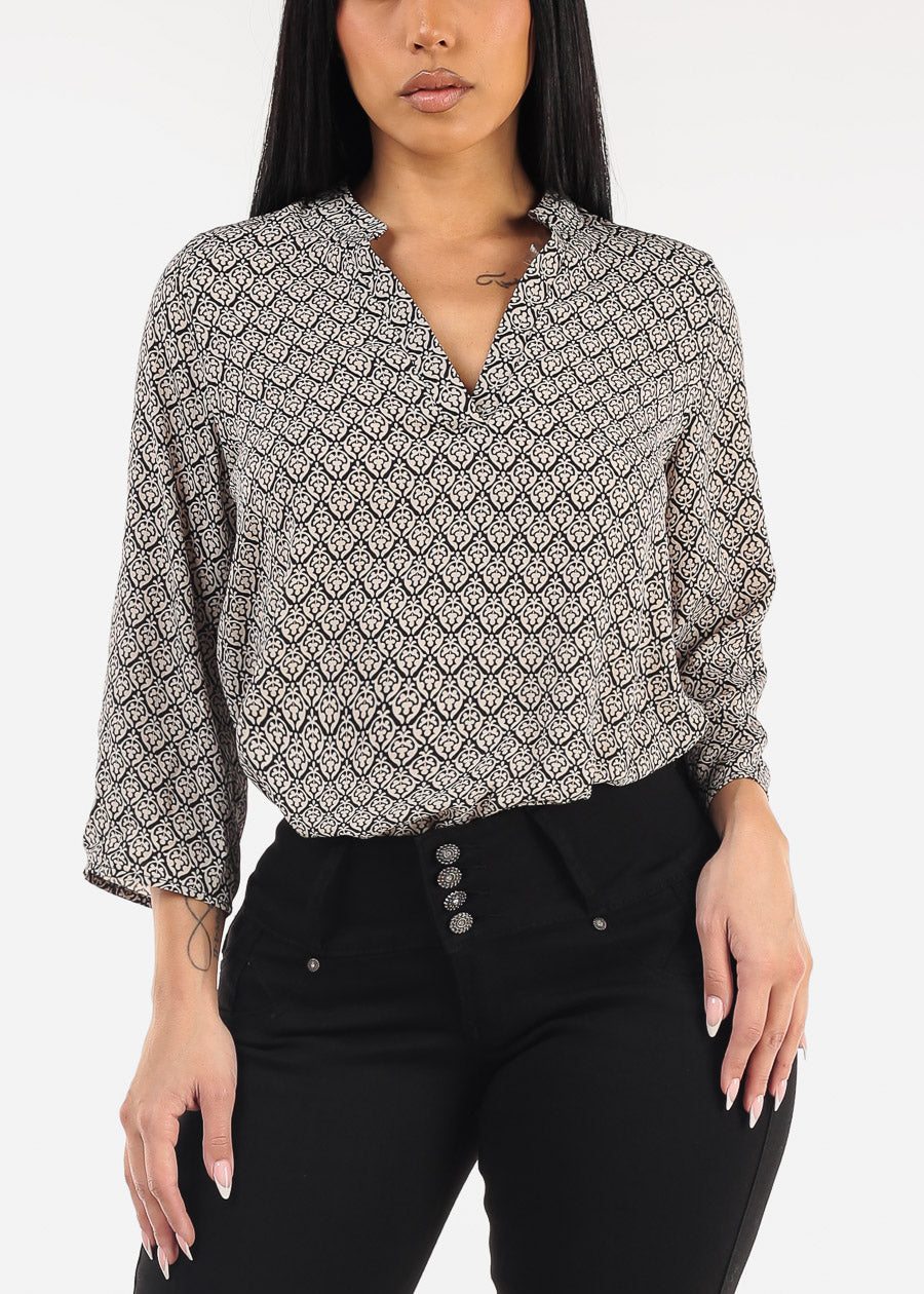 Quarter Sleeve V-Neck Printed Blouse Black