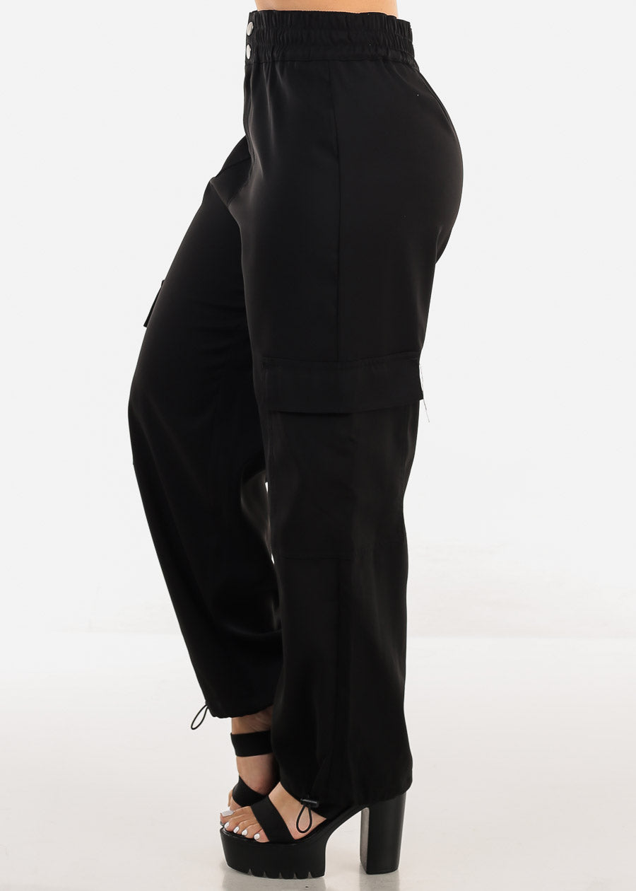 Black Super High Rise Spandex Waist Bungee Cargo Pants