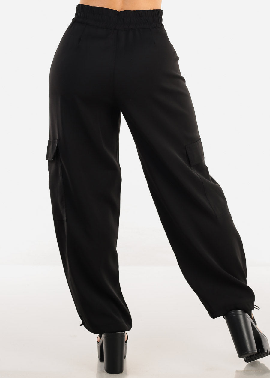 Black Super High Rise Spandex Waist Bungee Cargo Pants