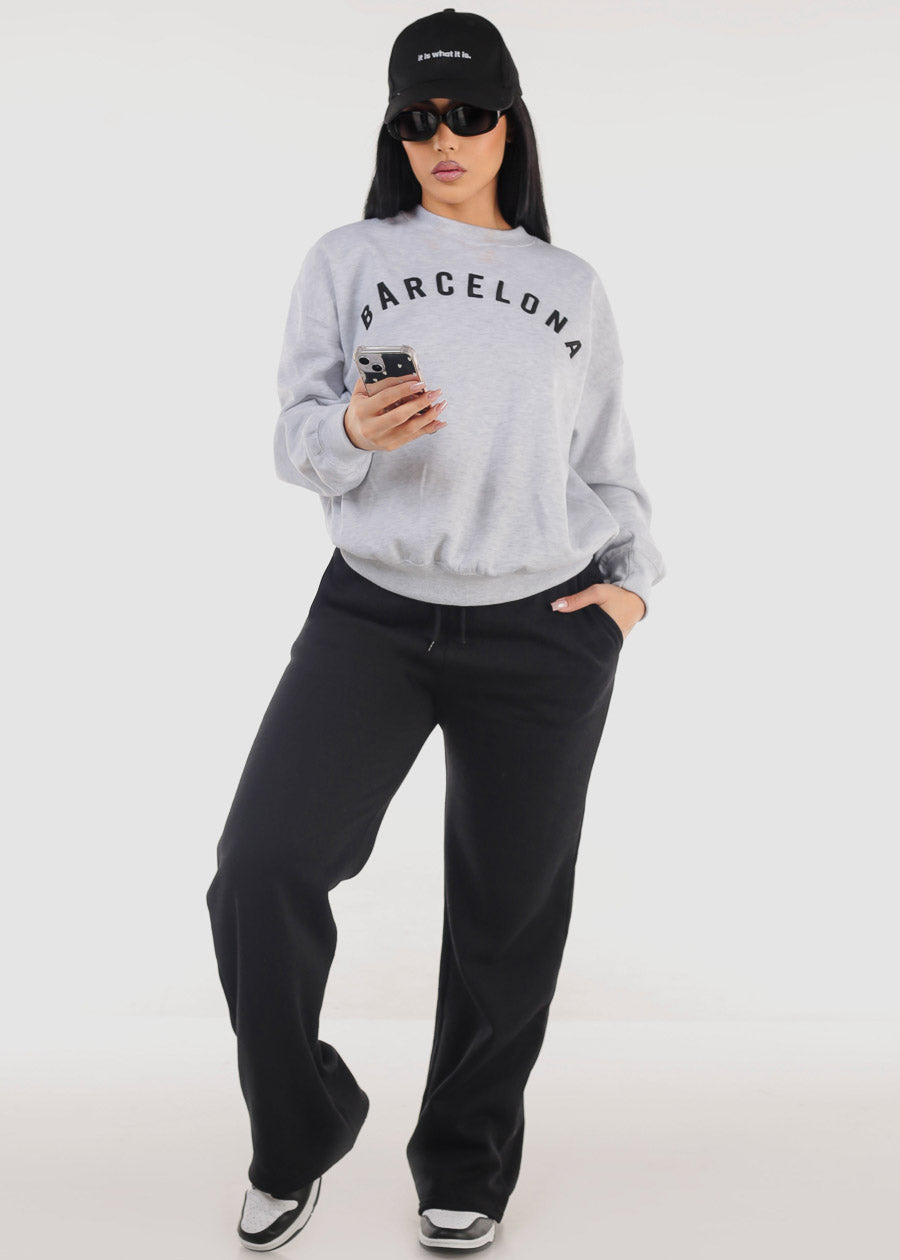 Relaxed Fit Crewneck Fleece Sweatshirt Grey "Barcelona"