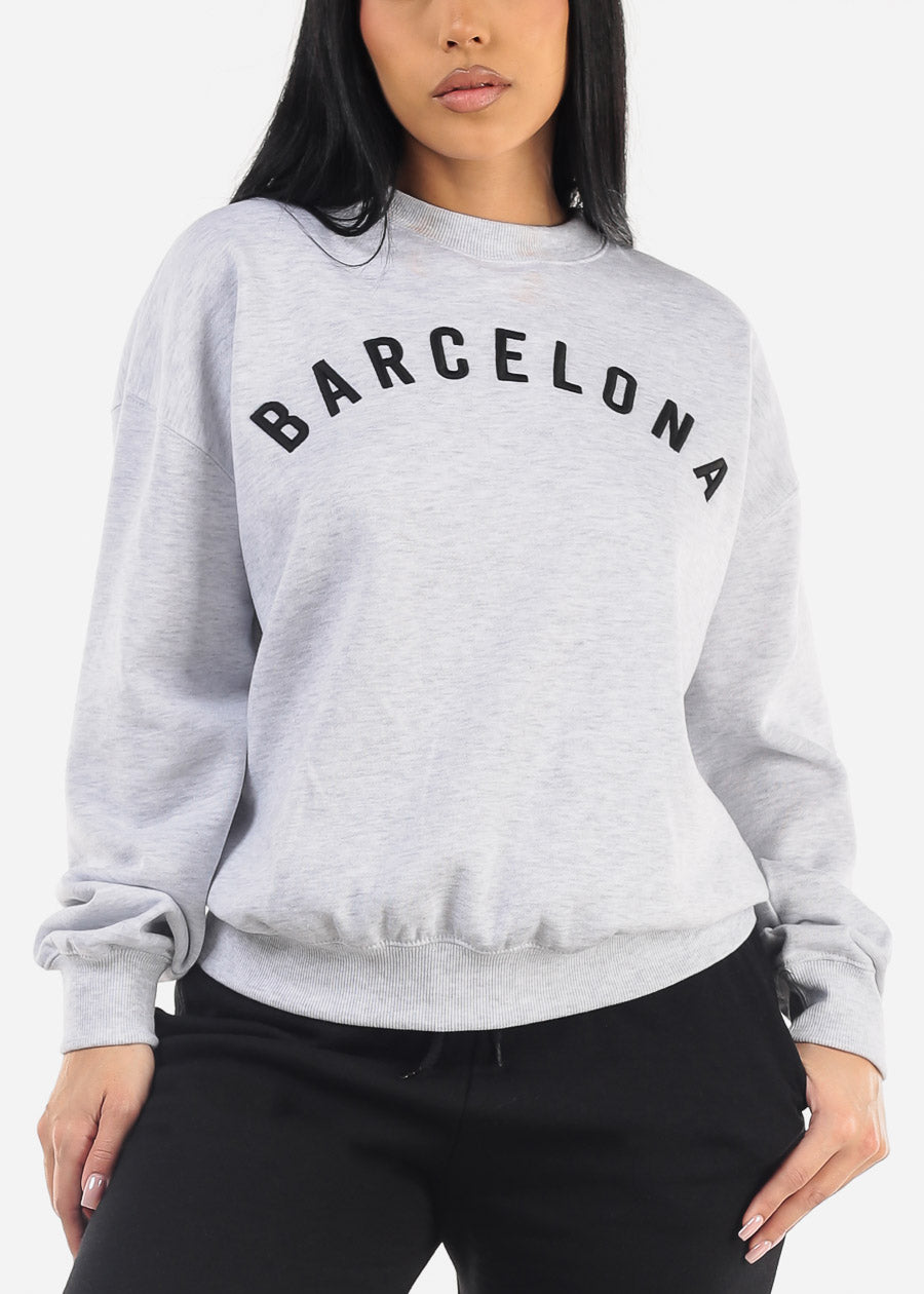 Relaxed Fit Crewneck Fleece Sweatshirt Grey "Barcelona"