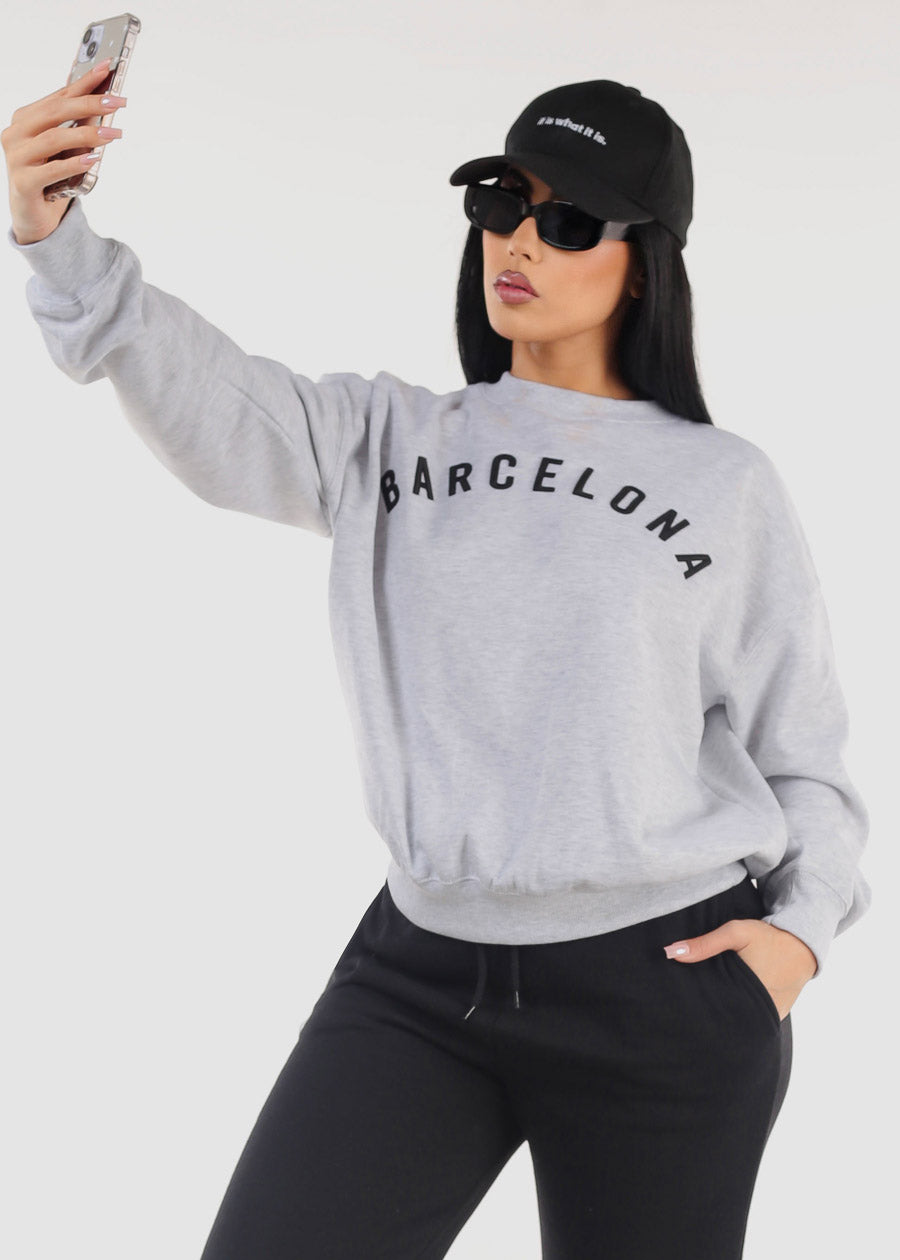 Relaxed Fit Crewneck Fleece Sweatshirt Grey "Barcelona"