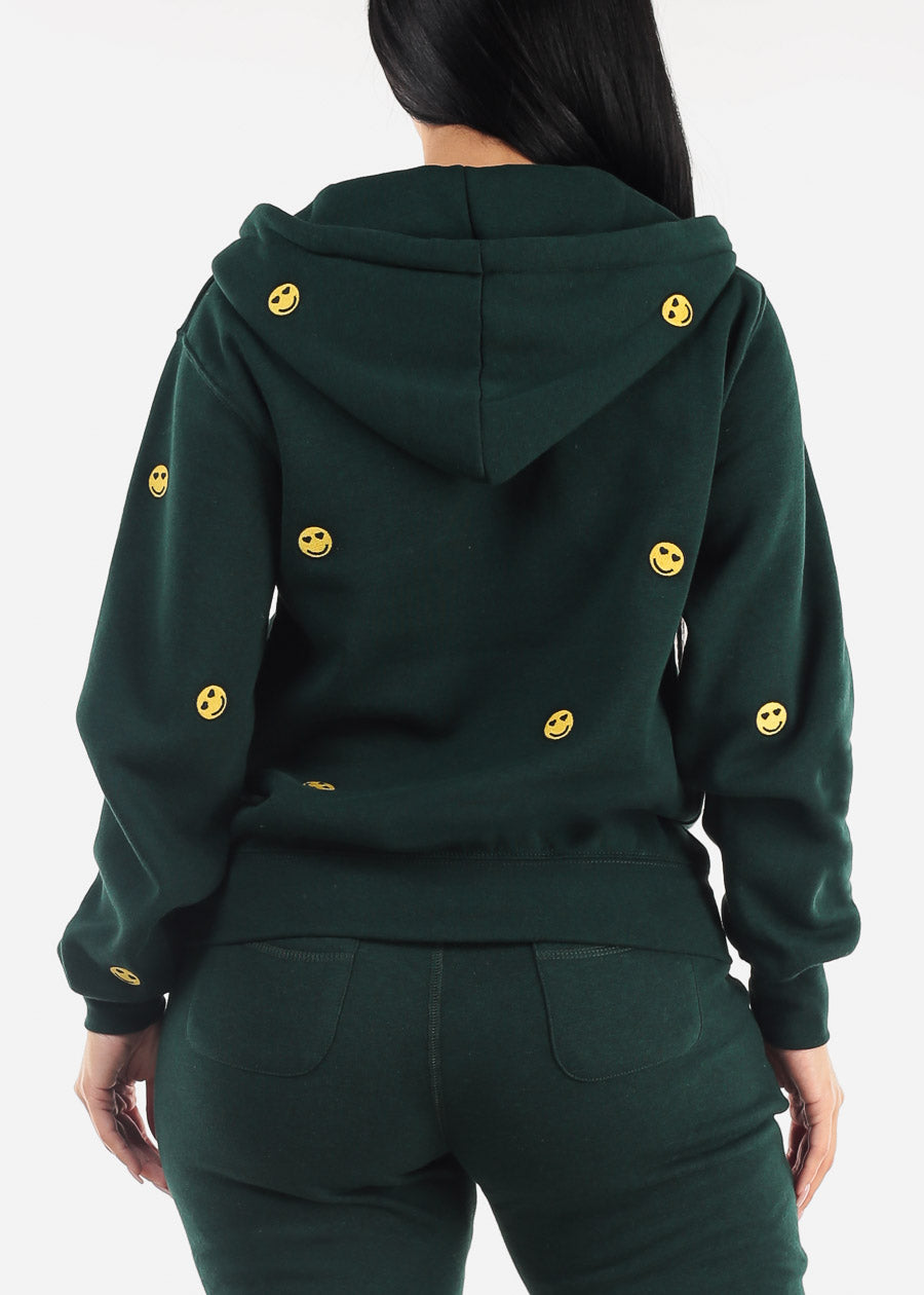 Zip Up Fleece Hoodie Hunter Green "Smiley Face"