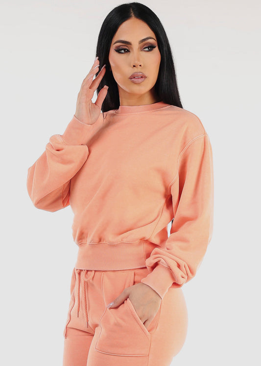 Long Sleeve Crewneck Fleece Sweatshirt Orange