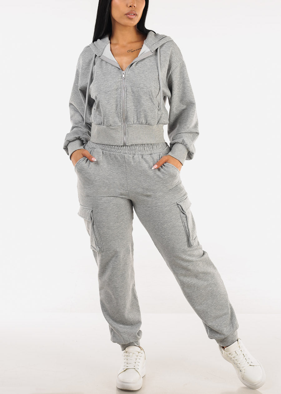 Zip Up Cropped Fleece Hoody Grey