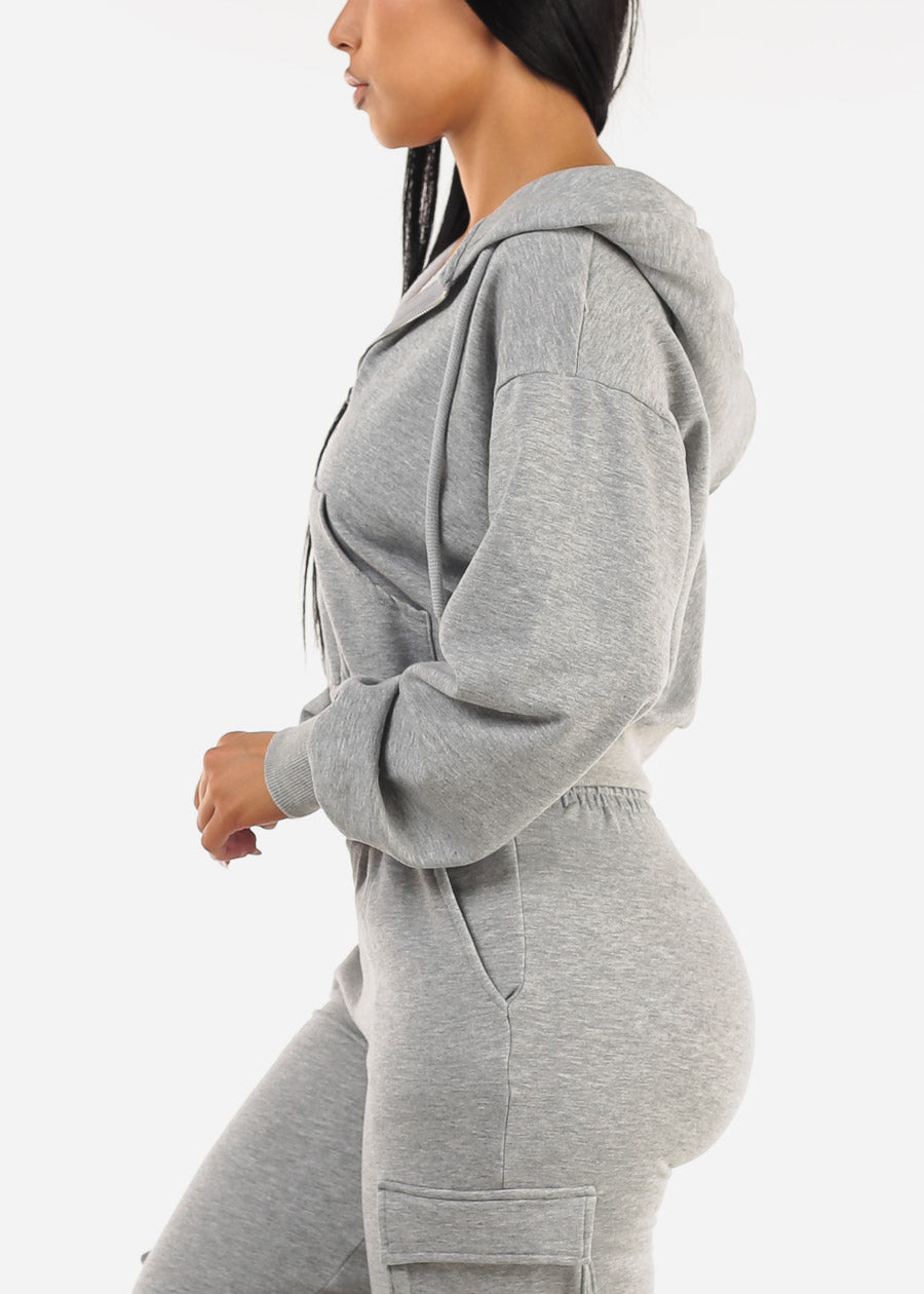 Zip Up Cropped Fleece Hoody Grey