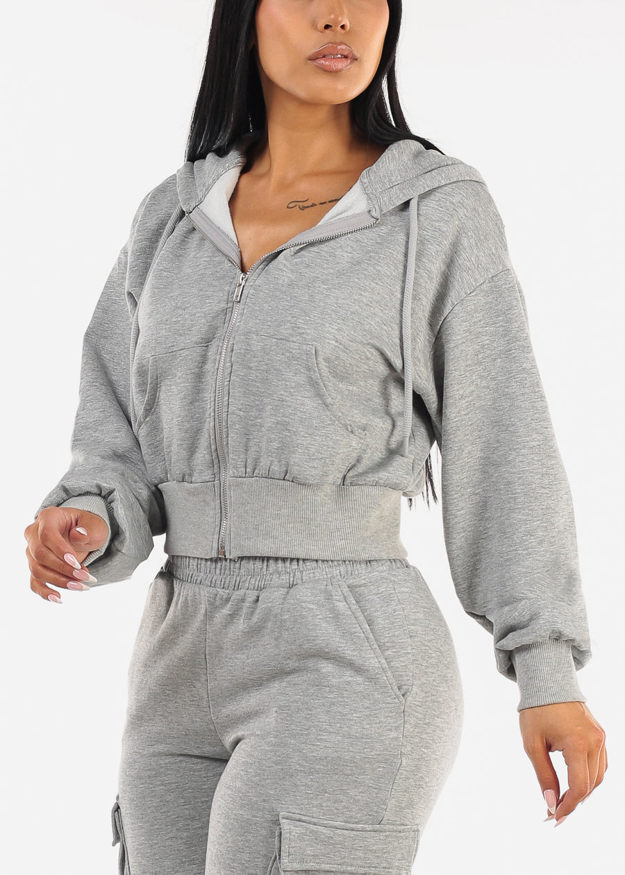 Zip Up Cropped Fleece Hoody Grey