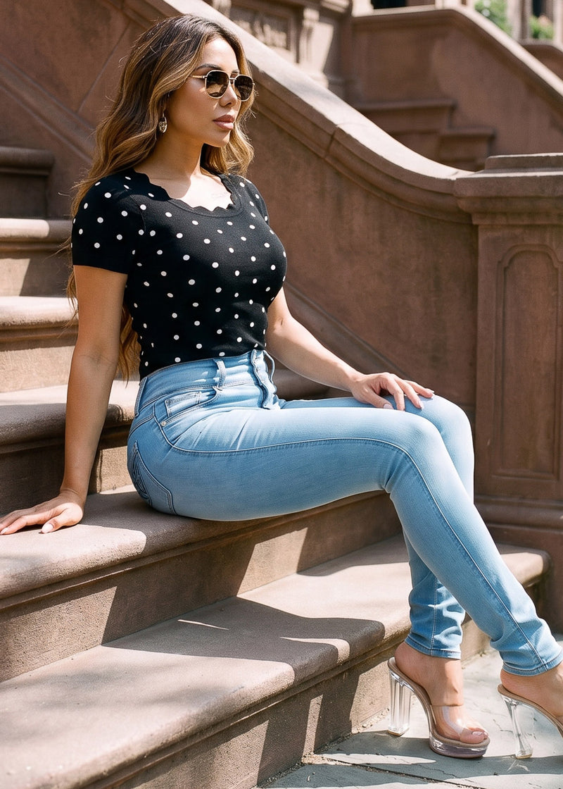 Stretch Short Sleeve Round Neck Polka Dot Blouse Black