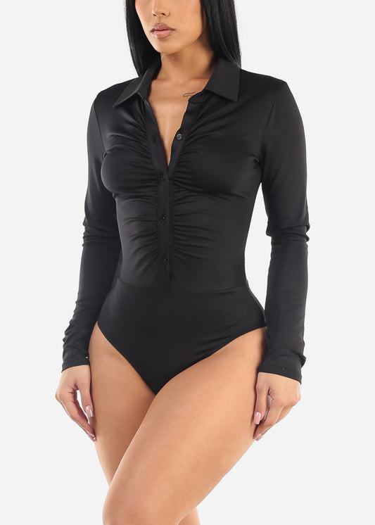 Black Long Sleeve Ruched Button Up Bodysuit