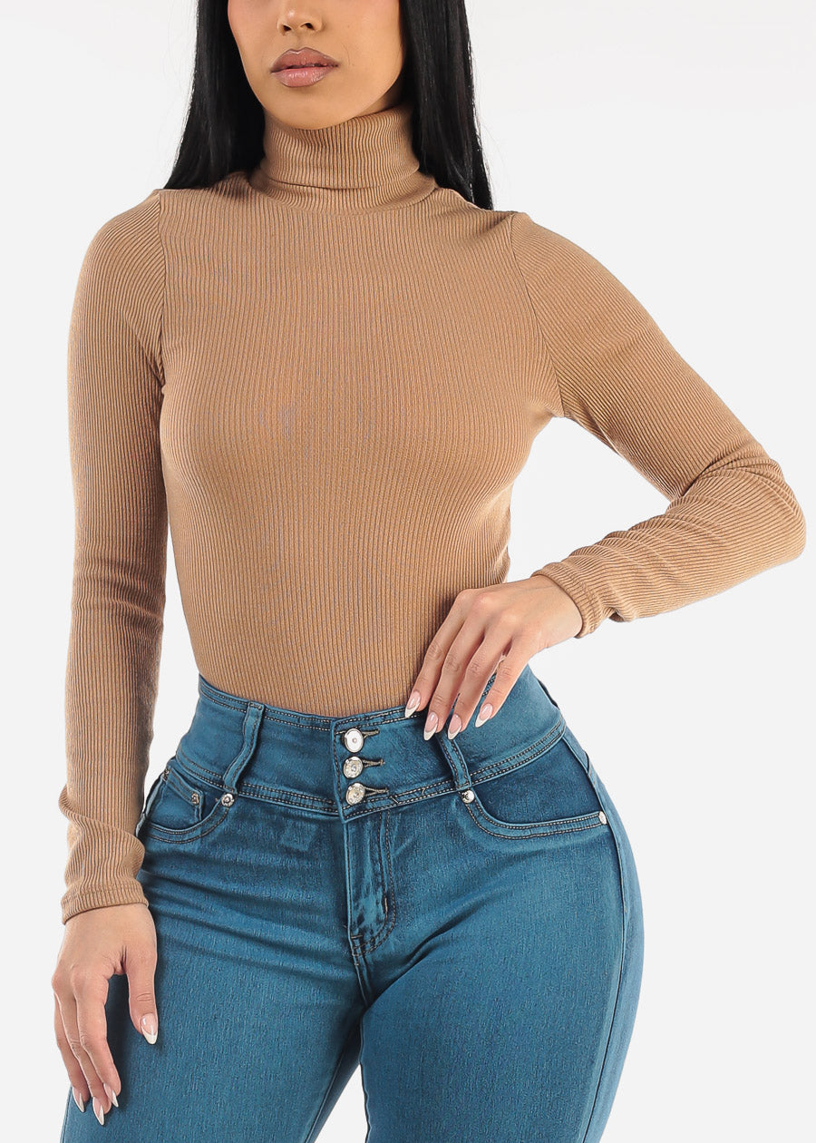 Turtleneck Long Sleeve Sweater Bodysuit Light Brown