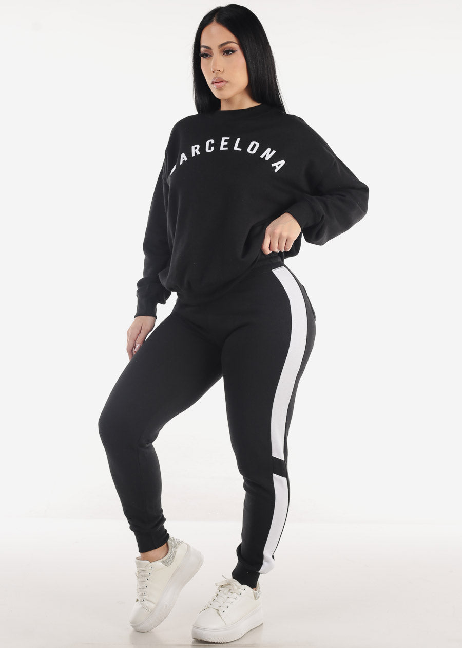 Black High Waist Side Stripe Fleece Jogger Pants