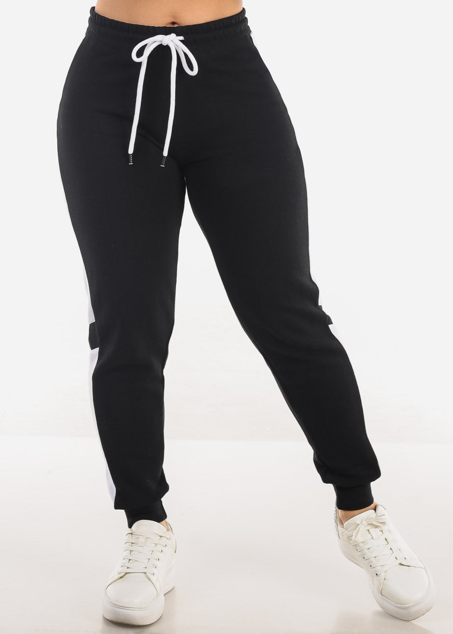 Black High Waist Side Stripe Fleece Jogger Pants