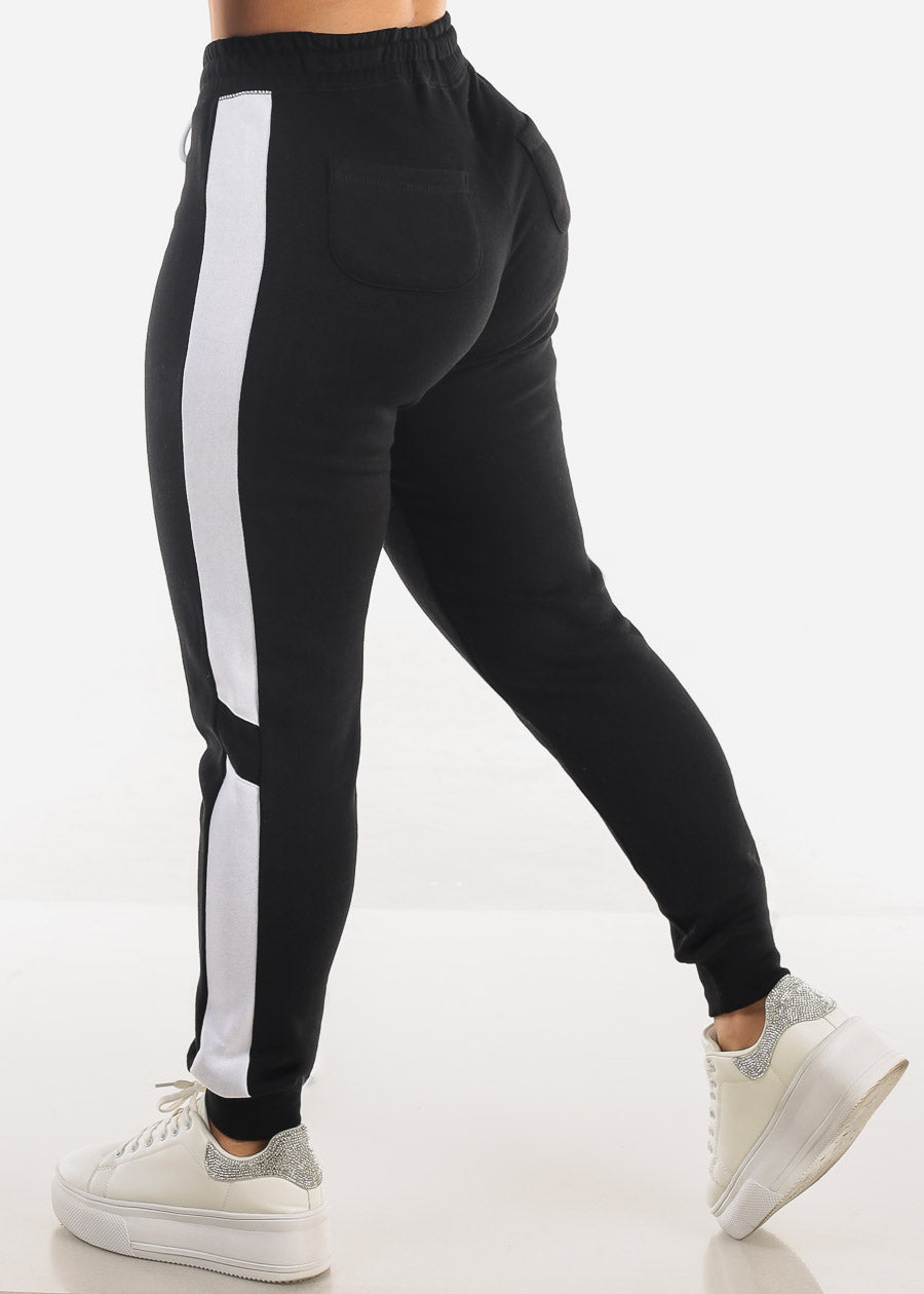 Black High Waist Side Stripe Fleece Jogger Pants