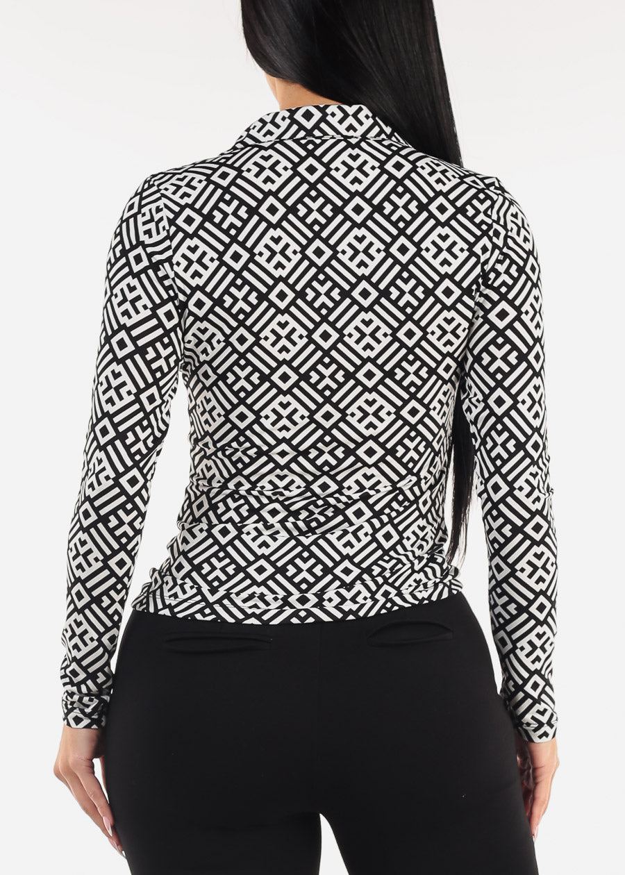 Ruched Button Down Printed Blouse B&W