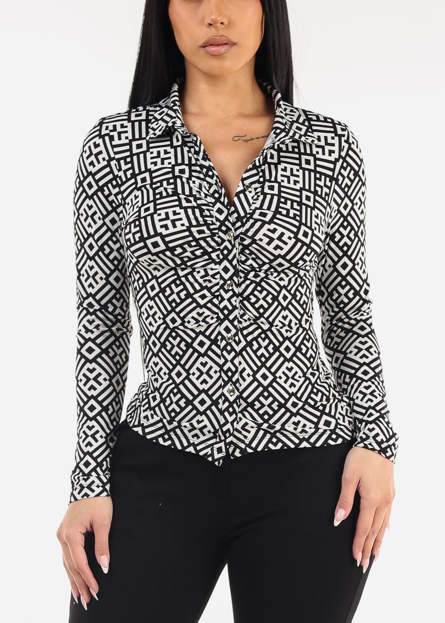 Ruched Button Down Printed Blouse B&W