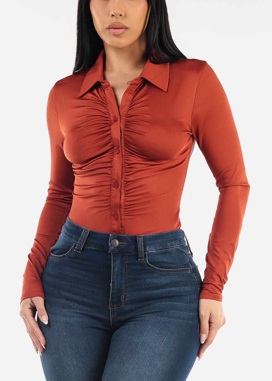 Long Sleeve Ruched Button Up Bodysuit Rust