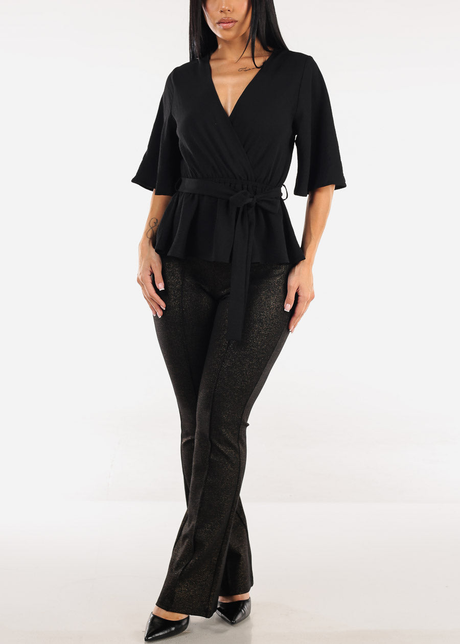 Short Sleeve Surplice Peplum Blouse Black