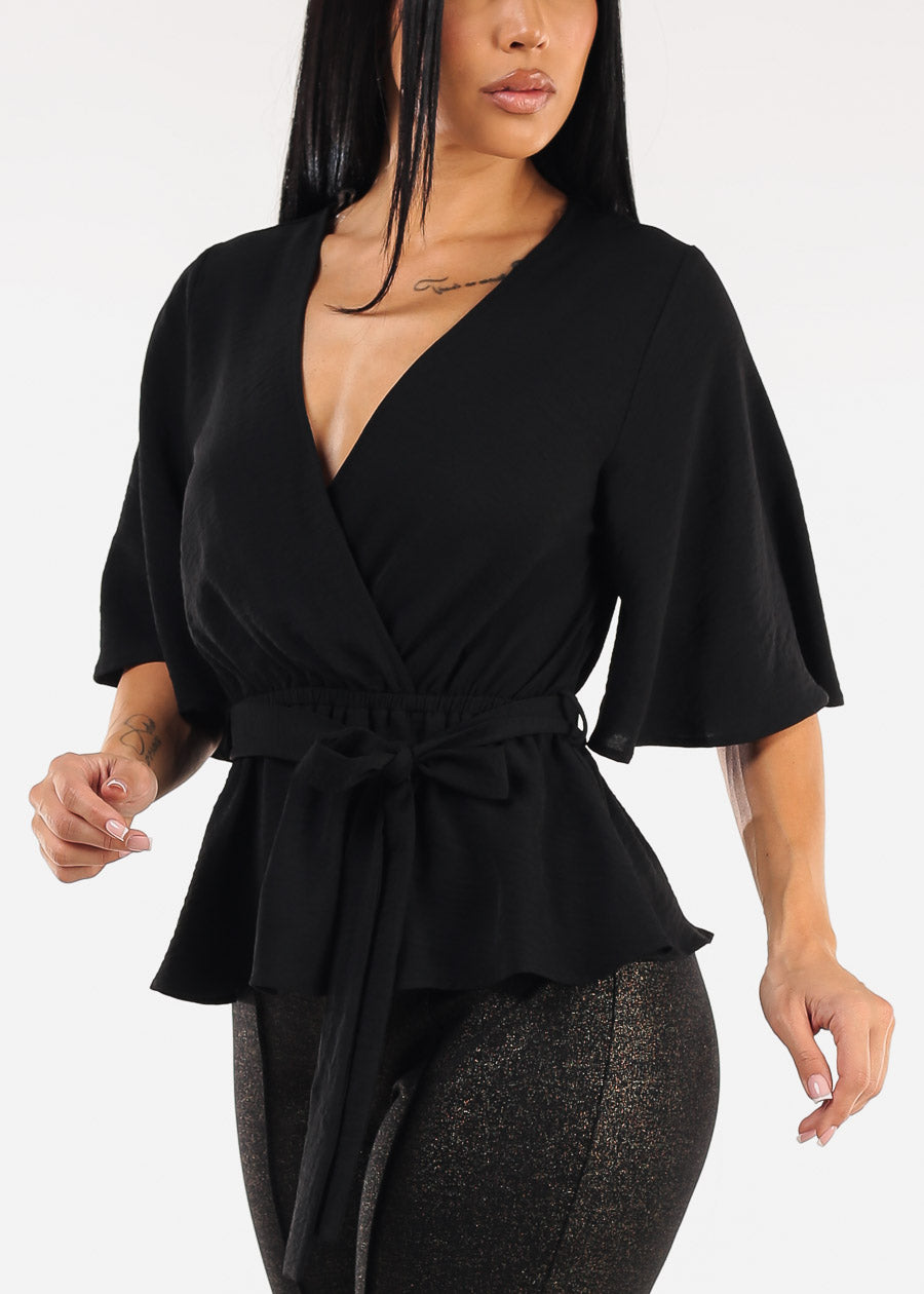 Short Sleeve Surplice Peplum Blouse Black