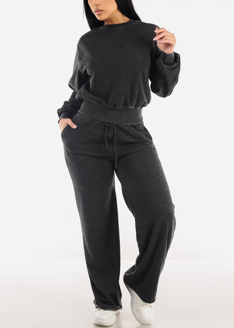 Drawstring Waist Straight Wide Leg Fleece Pants Charcoal