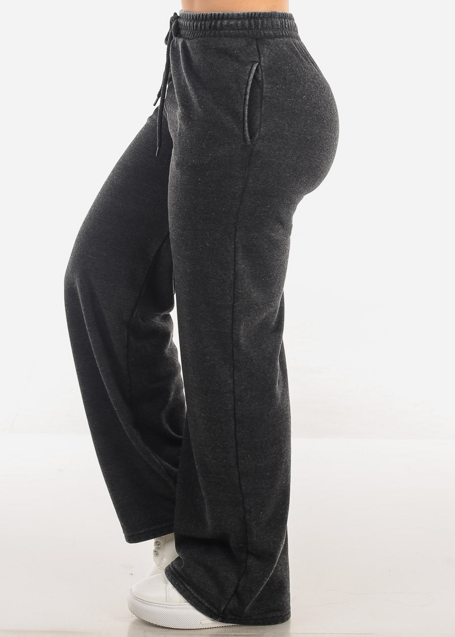 Drawstring Waist Straight Wide Leg Fleece Pants Charcoal