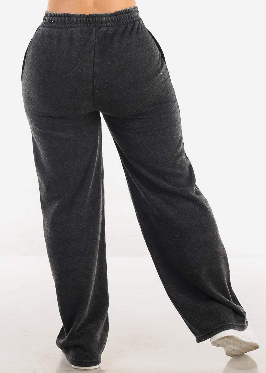 Drawstring Waist Straight Wide Leg Fleece Pants Charcoal