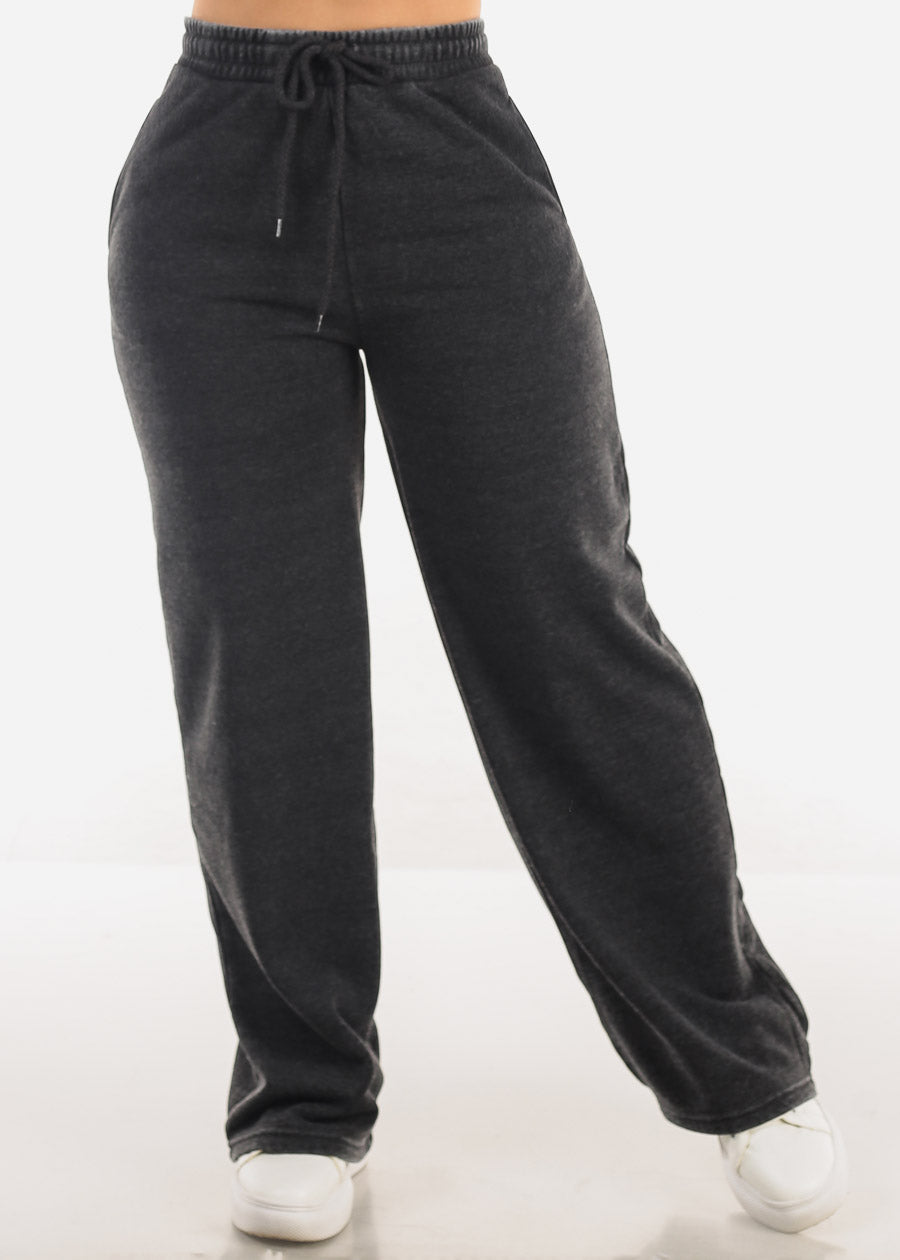 Drawstring Waist Straight Wide Leg Fleece Pants Charcoal