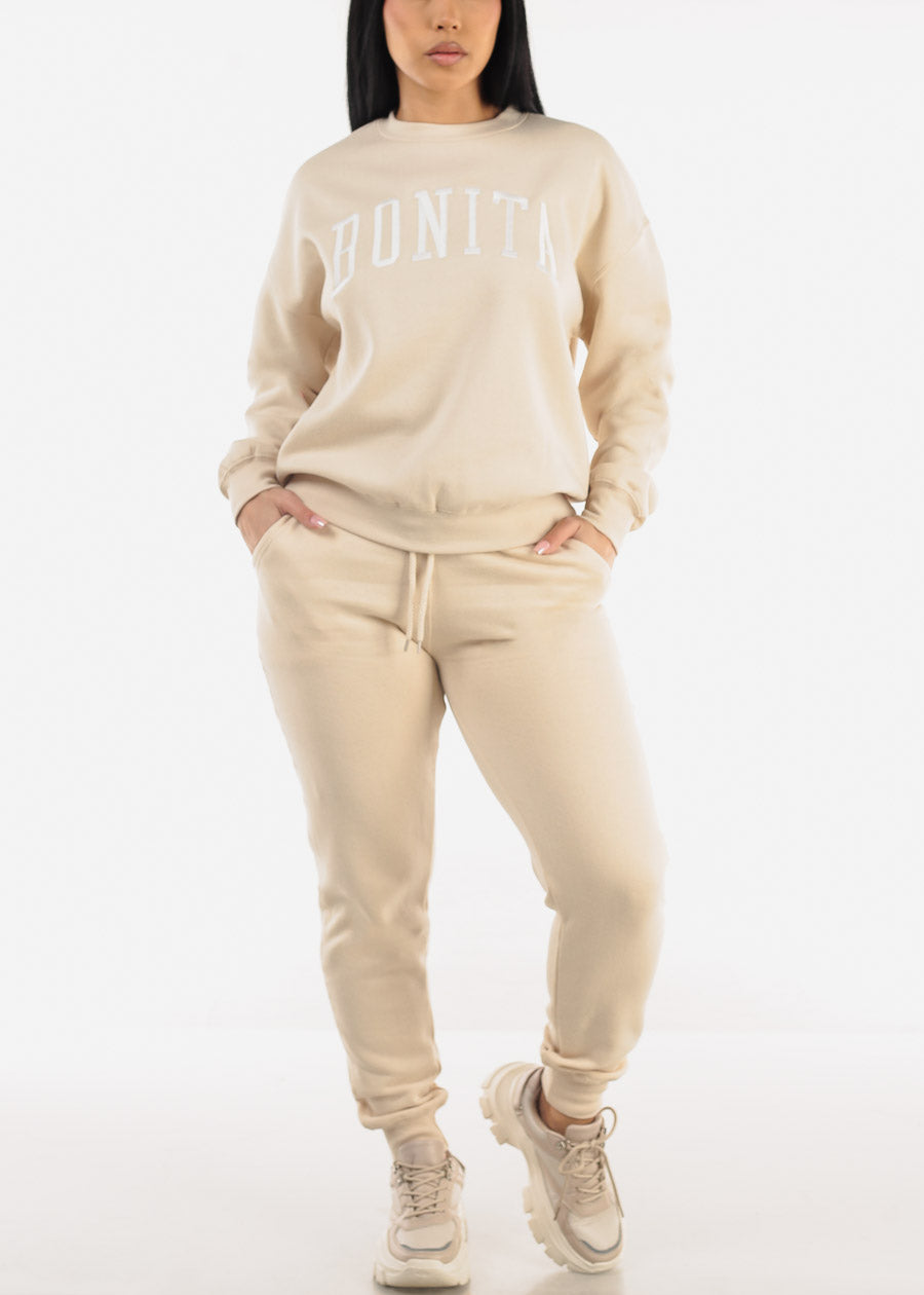 High Waist Fleece Jogger Pants Beige w Pockets