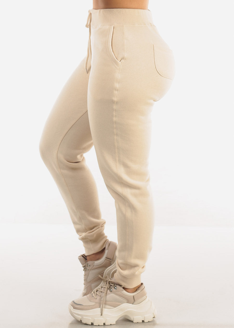 High Waist Fleece Jogger Pants Beige w Pockets