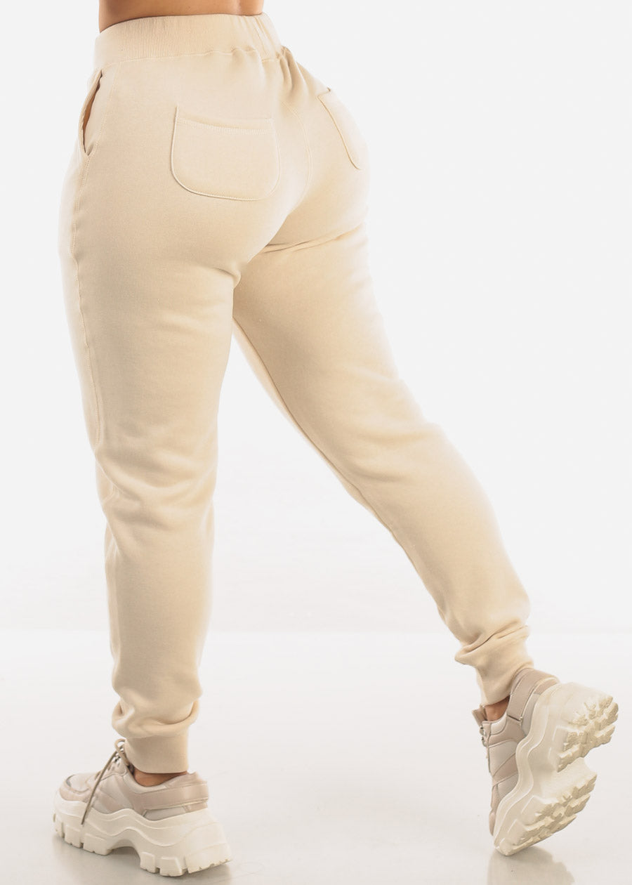 High Waist Fleece Jogger Pants Beige w Pockets